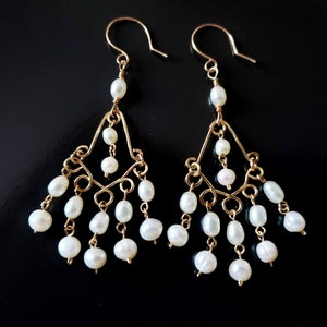 Bohemian Freshwater Cultured Peal Chandelier Earrings, 14k Gold Filled, White Pearls, Long Pearl Chandeliers, Bridal Earrings, Wedding