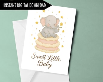 Sweet Little Baby Card, Baby Elephant Printable, New Baby Card, Gender Neutral Baby Shower, Animal Baby Card, Digital Download 5x7 DIY