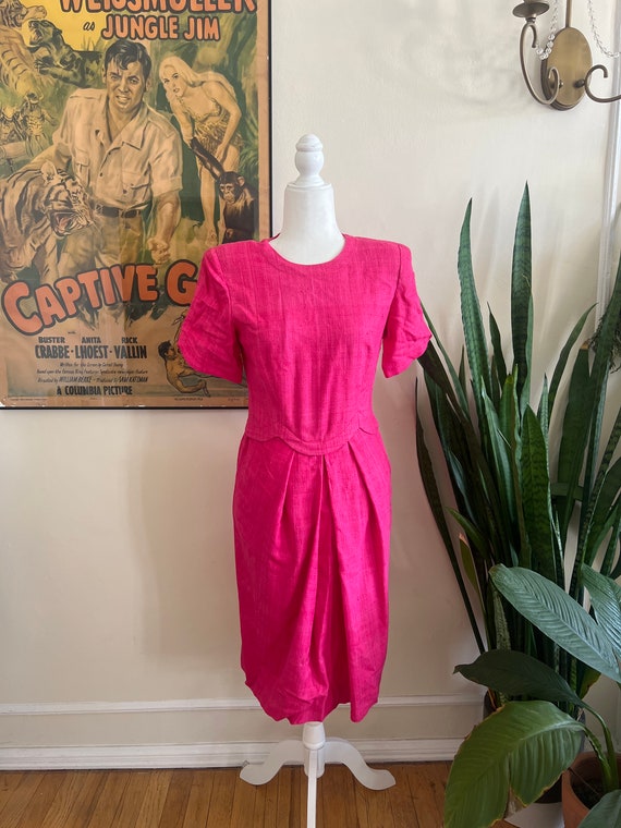 Vintage 80s Pink Silk Puff Sleeve Dress