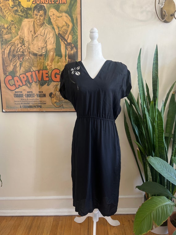 Vintage Black Embroidered Midi Dress - Bohemian S… - image 1