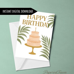 Watercolor Birthday Cake Card, Elegant Digital Birthday Card, Printable Happy Birthday Card for Her, Instant Download Greeting