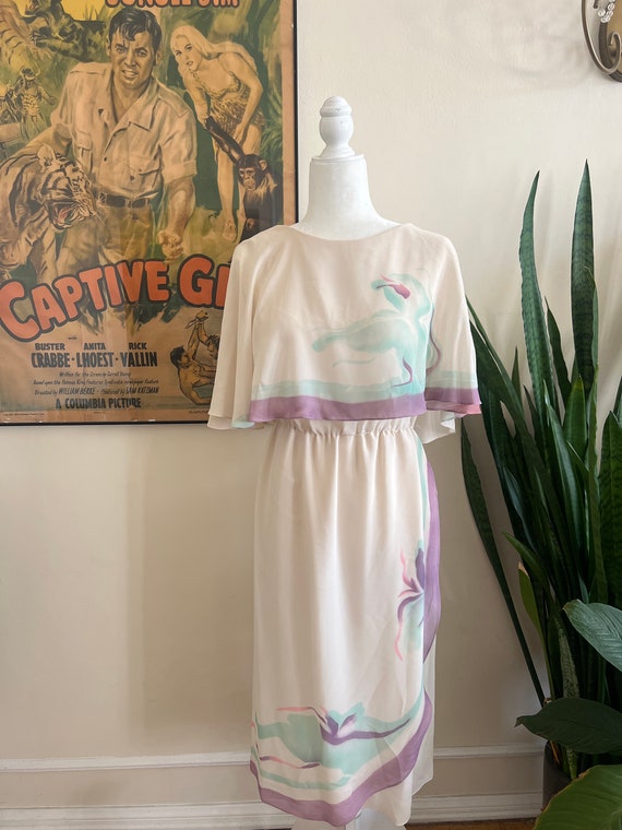 Vintage Watercolor Print Dress - 1980s Pastel Mid-