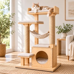 May include: A multi-level cat tree made of light-colored wood, featuring a top perch, a middle platform, a hanging fabric hammock, and a lower enclosed cubby with a circular opening. Sisal rope covers the vertical support posts.