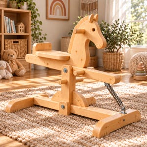 May include: A light-colored wooden rocking horse toy featuring a smooth, polished finish, a flat seat, horizontal handlebars, and a sturdy base connected by a metal spring mechanism, designed for back-and-forth motion on a flat surface.