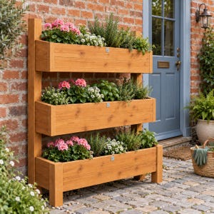 Puede incluir: Una jardinera vertical de madera con tres niveles rectangulares apilados, cada uno con un acabado marrón claro y un pequeño detalle de metal plateado. La jardinera está llena de varias hierbas verdes y plantas con flores rosas y blancas.