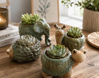 Keramik-Tier-Pflanzgefäß für Sukkulenten, Igel-, Schildkröten-, Schnecken- und Elefantentopf, Retro-Tischdekoration