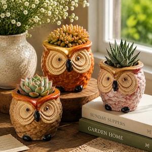 Può includere: Tre vasi in ceramica a forma di gufo nei toni dell'arancione, marrone e rosa, ciascuno contenente una piccola pianta succulenta. I vasi presentano piume strutturate, grandi occhi e becchi neri, esposti accanto a libri intitolati Sunday Suppers e Garden Home.