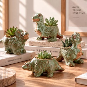 Handmade K-Glaze Dinosaur Ceramic Planters, Mini Succulent Pots (4 Styles)