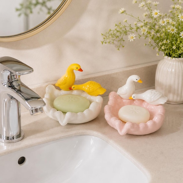 Porte-savon en céramique en forme de canard, bac de récupération d'eau, décoration pour comptoir de salle de bain