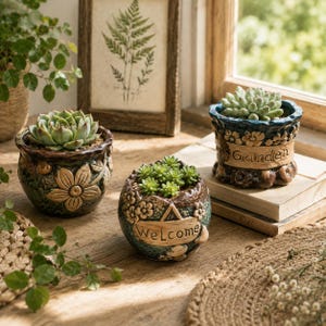 May include: Three round ceramic planters with textured surfaces and relief floral details. One planter features the word Welcome, another the word Garden, and the third has a large flower design. Each contains a small green succulent plant.