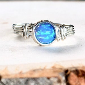 Opal Ring, Blue Opal Ring, Wire Wrapped Ring, Sterling Silver Ring