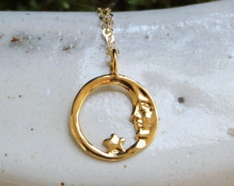 Vermeil Gold Moon and Star Necklace: Dainty Celestial Pendant