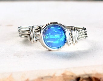 Opal Ring, Blue Opal Ring, Wire Wrapped Ring, Sterling Silver Ring