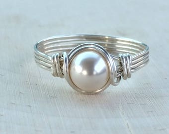 Pearl Ring, Sterling Silver Wire Wrapped Pearl Ring, Silver Ring, Bridal Jewelry