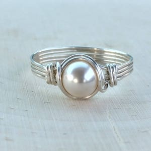 Pearl Ring, Sterling Silver Wire Wrapped Pearl Ring, Silver Ring, Bridal Jewelry