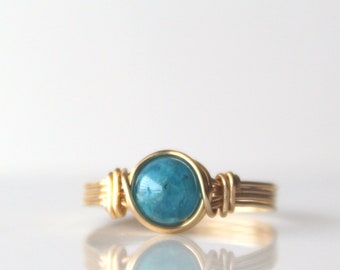 Apatite Ring, 14k Gold Filled Ring, Wire Wrapped Gemstone Ring, Stone Ring