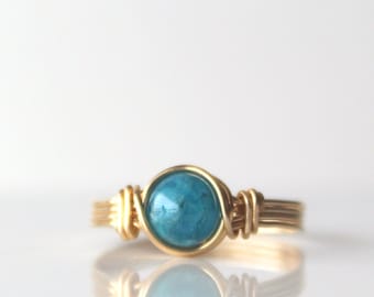 Teal Apatite Ring, 14k Gold Filled Wire Wrapped Gemstone