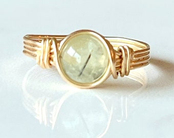 Prehnite Ring, 14k Gold Filled Gemstone Ring, Wire Wrapped Ring, Stone Ring