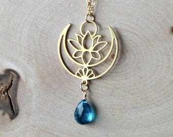 Brass Lotus Crescent Moon Necklace: Teal Quartz Gem, Boho Jewelry