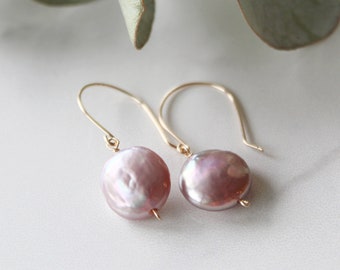 Freshwater Coin Pearl Earrings, Lavender Coin Pearl Earrings, Grade AAA, Gold Filled, Sterling Silver, Everyday Earrings, Bridal Jewelry