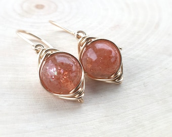 Natural Sunstone Earrings, Sunstone Dangle Earrings, 14k Gold Filled, Orange Gemstones, Gemstone Jewelry