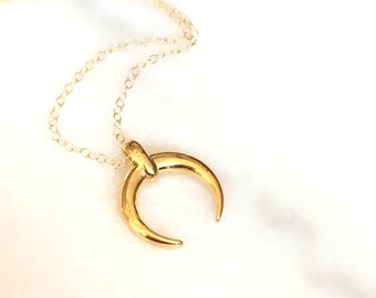 Double Horn Necklace, 14k Golf Filled Crescent Moon Necklace, Layering Necklace, Gold Crescent Moon Necklace