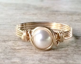 Pearl Ring, Gold Wire Wrapped Ring, 14k Gold Filled Ring, Gold Pearl Ring, June Birthstone Ring, Bridesmaid Gift, Gift for her