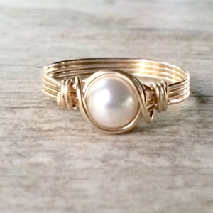 Pearl Ring, Gold Wire Wrapped Ring, 14k Gold Filled Ring, Gold Pearl Ring, June Birthstone Ring, Bridesmaid Gift, Gift for her image 1