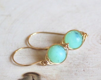 Chrysoprase Earrings, 14k Gold Filled, Sterling Silver, Blue Green Gemstone Earrings