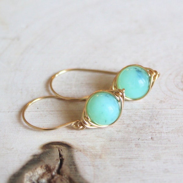 Chrysoprase Earrings, 14k Gold Filled, Sterling Silver, Blue Green Gemstone Earrings