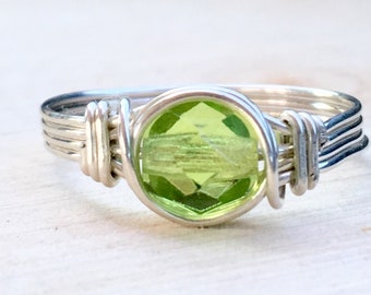 Peridot Ring, Sterling Silver Wire Wrapped Ring, August Birthstone, Sterling Silver Peridot Ring