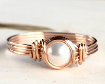 Pearl Ring, Rose Gold Wire Wrapped Ring, Rose Gold Ring, June Birthstone Ring, Bridesmaid Gift, Gift for Her