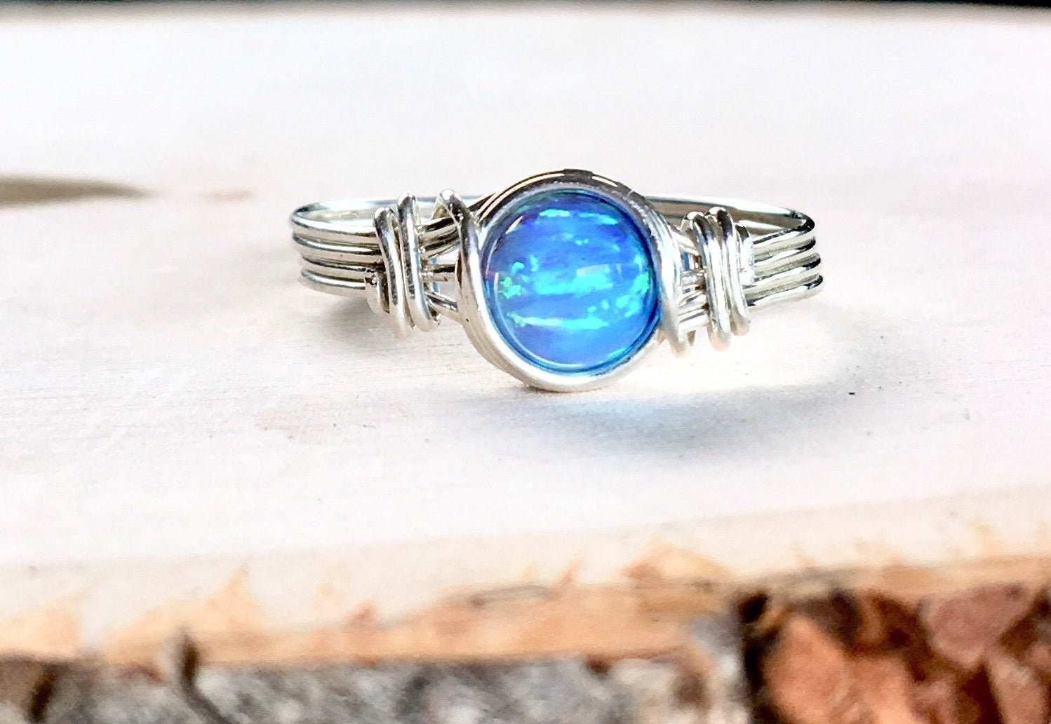 Opal Ring Blue Opal Ring Wire Wrapped Ring Sterling Silver | Etsy