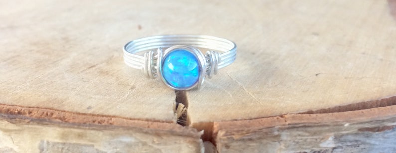 Manmade Opal Sterling Silver Filled Opal Wire Wrapped Ring Silver Opal Ring Blue Opal Ring