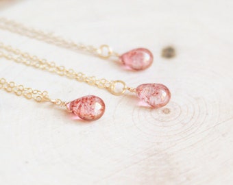 Tiny Teardrop Necklace, Pink Teardrop Necklace, 14k Gold Filled Solitaire Necklace, Christmas Gift