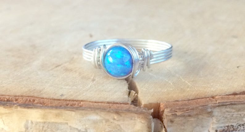 Manmade Opal Sterling Silver Filled Opal Wire Wrapped Ring Silver Opal Ring Blue Opal Ring