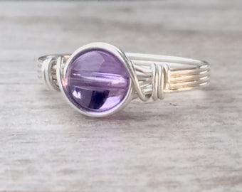 Wire Wrapped Amethyst Ring: Sterling Silver Gemstone, February Birthstone
