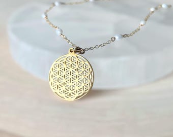 Flower of Life Necklace: Gold Sacred Geometry Pendant, Freshwater Pearls