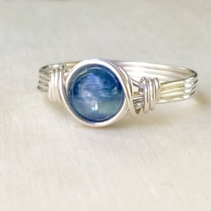 Blue Kyanite ring, Sterling Silver wire wrapped Kyanite ring, Kyanite wire wrapped ring, Gemstone Ring image 1