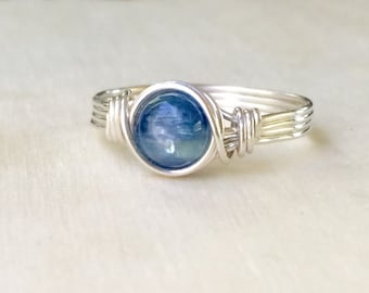 Blue Kyanite ring, Sterling Silver wire wrapped Kyanite ring, Kyanite wire wrapped ring, Gemstone Ring