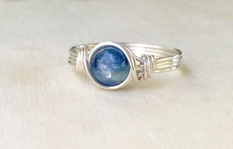 Blue Kyanite ring, Sterling Silver wire wrapped Kyanite ring, Kyanite wire wrapped ring, Gemstone Ring image 1