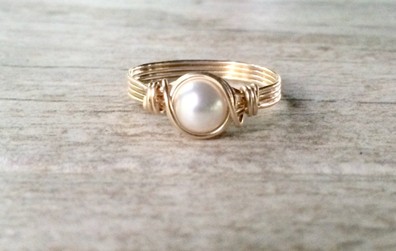 Pearl Ring, Gold Wire Wrapped Ring, 14k Gold Filled Ring, Gold Pearl Ring, June Birthstone Ring, Bridesmaid Gift, Gift for her image 1