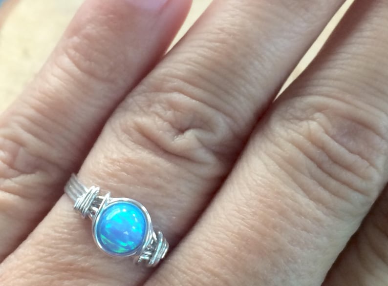Manmade Opal Sterling Silver Filled Opal Wire Wrapped Ring Silver Opal Ring Blue Opal Ring
