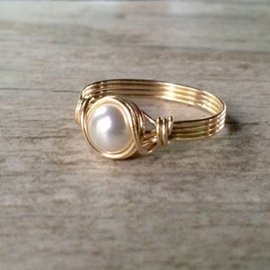 Pearl Ring, Gold Wire Wrapped Ring, 14k Gold Filled Ring, Gold Pearl Ring, June Birthstone Ring, Bridesmaid Gift, Gift for her image 2