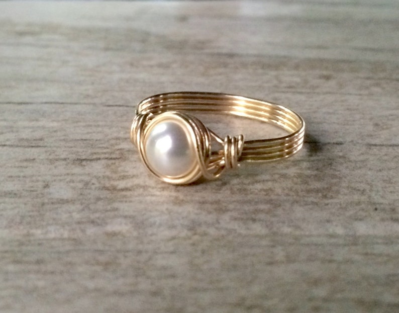 Pearl Ring, Gold Wire Wrapped Ring, 14k Gold Filled Ring, Gold Pearl Ring, June Birthstone Ring, Bridesmaid Gift, Gift for her image 2