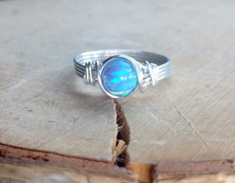 Manmade Opal Sterling Silver Filled Opal Wire Wrapped Ring Silver Opal Ring Blue Opal Ring