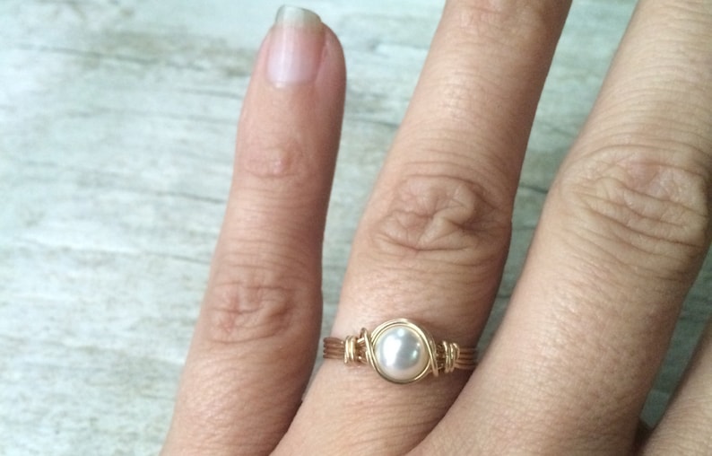 Pearl Ring, Gold Wire Wrapped Ring, 14k Gold Filled Ring, Gold Pearl Ring, June Birthstone Ring, Bridesmaid Gift, Gift for her image 3