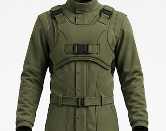 Puede incluir: Un mono táctico de color verde oliva con cuello alto, arnés de pecho con hebillas negras, cinturón y bolsillos cargo en los muslos. La prenda incluye rodilleras reforzadas y se combina con botas de cordones a juego en color verde oliva.