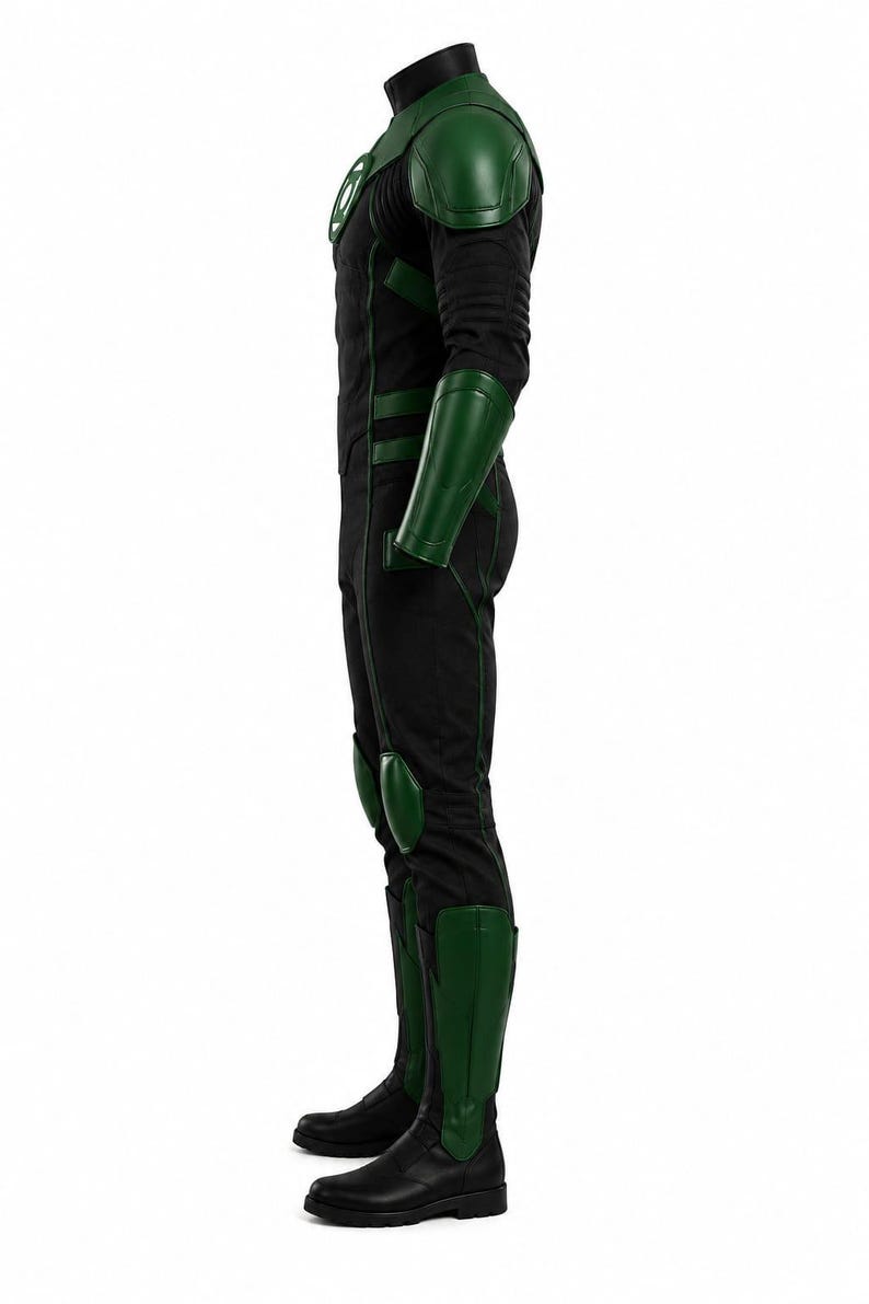 Puede incluir: Un disfraz de cuerpo completo en negro y verde con cuello alto, hombreras, protectores de antebrazo, rodilleras y espinilleras. El pecho muestra un emblema circular verde con un s&iacute;mbolo de linterna blanco. Vista de perfil.