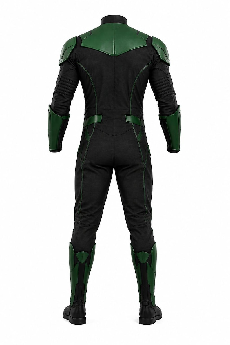 Puede incluir: Un mono de cuerpo entero negro y verde con hombreras estructuradas, protectores de antebrazo y espinilleras. La prenda incluye un cuello alto, mangas largas con detalles acanalados y ribetes verdes a lo largo del torso.
